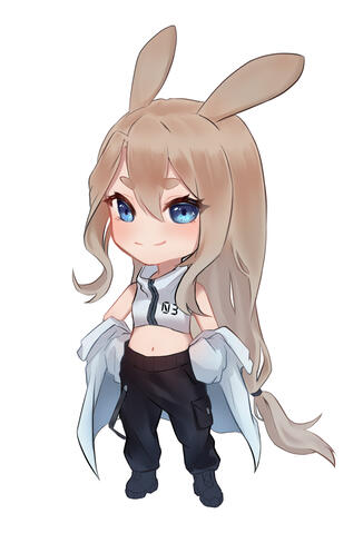 chibi of my persona, kei. she has bunny ears and a techwear-inspired outfit