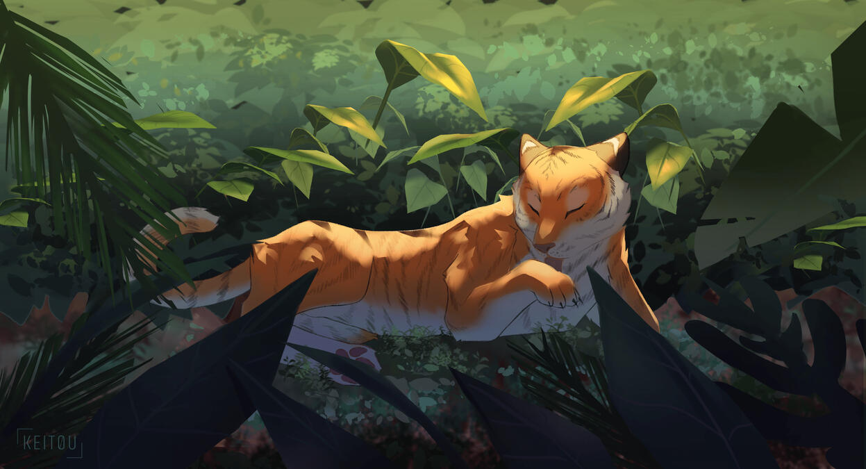 bookmark art for my nonprofit, bokomark. a tiger sunbathing in the forest, my first attempt at a full-rendered background